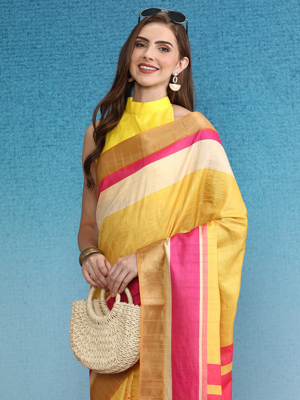 Mustard Tusser Silk Digital Print Solid Saree with Unstitched Blouse - Hiral Fashion - Distacart