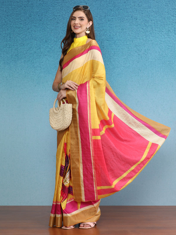 Mustard Tusser Silk Digital Print Solid Saree with Unstitched Blouse - Hiral Fashion - Distacart