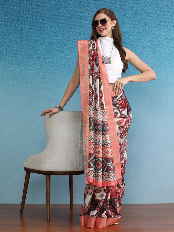 Multicolor Tusser Silk Digital Print Abstract Saree with Unstitched Blouse - Hiral Fashion - Distacart