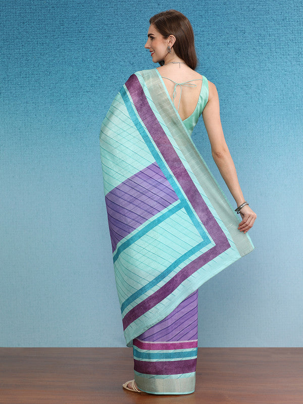 Purple Tusser Silk Digital Print Striped Saree with Unstitched Blouse - Hiral Fashion - Distacart