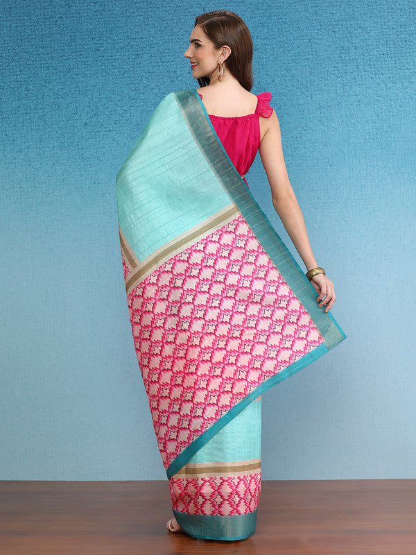 Turquoise Tusser Silk Digital Print Striped Saree with Unstitched Blouse - Hiral Fashion - Distacart