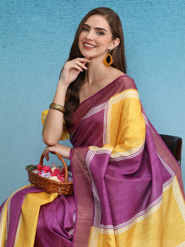 Yellow Tusser Silk Digital Print Solid Saree with Unstitched Blouse - Hiral Fashion - Distacart