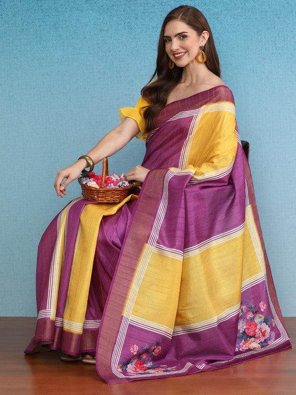 Yellow Tusser Silk Digital Print Solid Saree with Unstitched Blouse - Hiral Fashion - Distacart