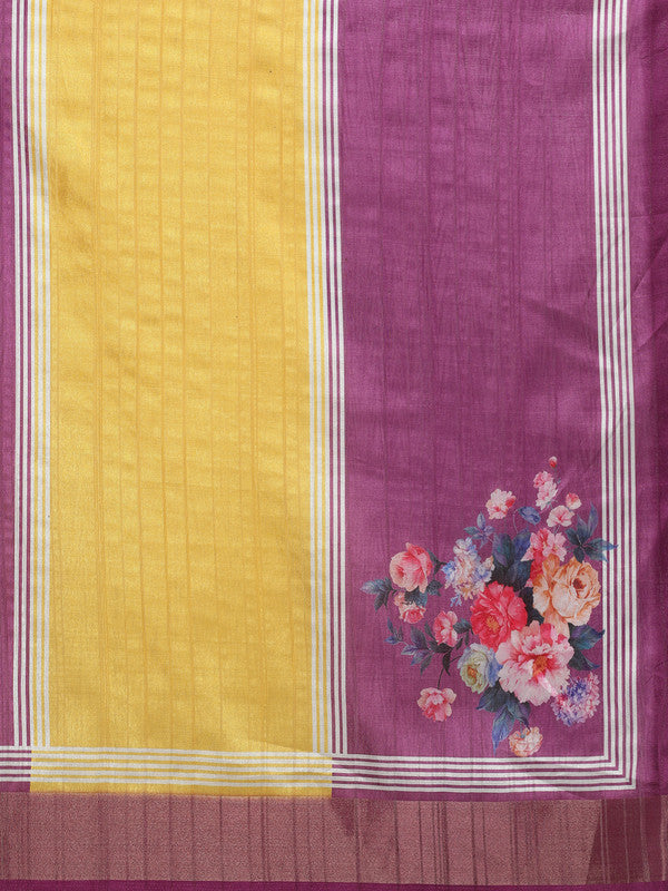 Yellow Tusser Silk Digital Print Solid Saree with Unstitched Blouse - Hiral Fashion - Distacart