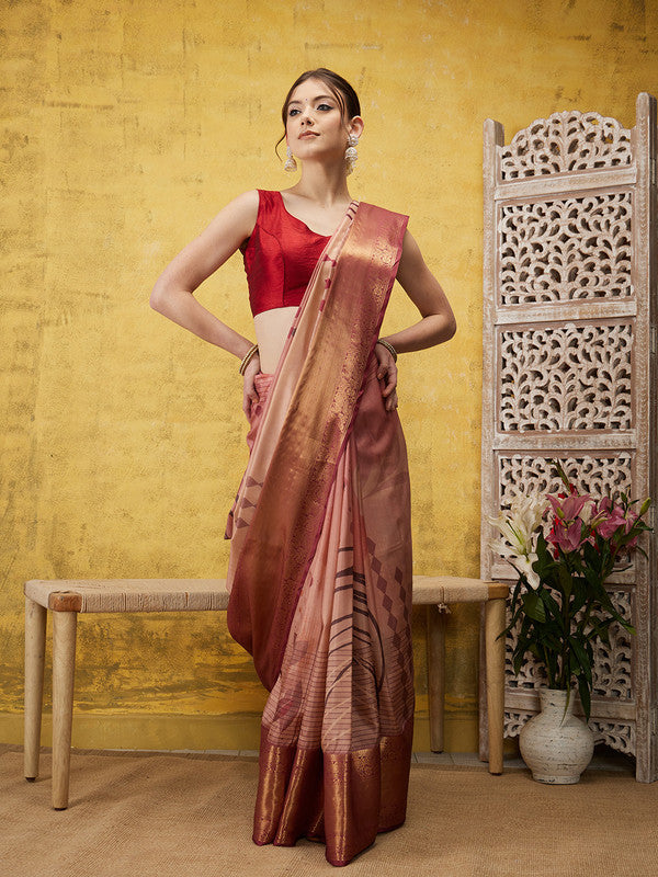 Peach Tusser Silk Digital Print Striped Saree with Unstitched Blouse - Hiral Fashion - Distacart