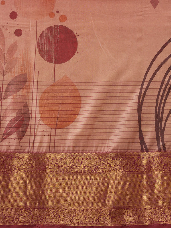 Peach Tusser Silk Digital Print Striped Saree with Unstitched Blouse - Hiral Fashion - Distacart