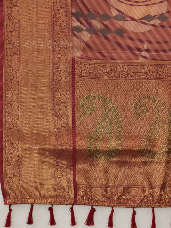 Peach Tusser Silk Digital Print Striped Saree with Unstitched Blouse - Hiral Fashion - Distacart
