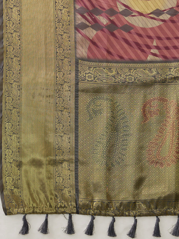 Multicolor Tusser Silk Digital Print Striped Saree with Unstitched Blouse - Hiral Fashion - Distacart