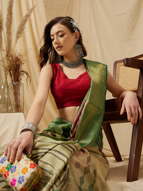 Multicolor Tusser Silk Digital Print Striped Saree with Unstitched Blouse - Hiral Fashion - Distacart