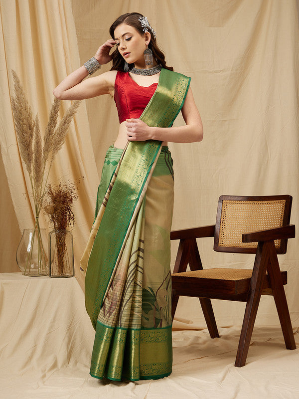 Multicolor Tusser Silk Digital Print Striped Saree with Unstitched Blouse - Hiral Fashion - Distacart