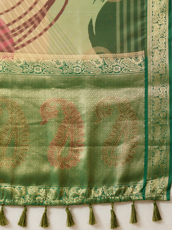 Multicolor Tusser Silk Digital Print Striped Saree with Unstitched Blouse - Hiral Fashion - Distacart