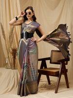 Thumbnail for Multicolor Tusser Silk Digital Print Striped Saree with Unstitched Blouse - Hiral Fashion - Distacart