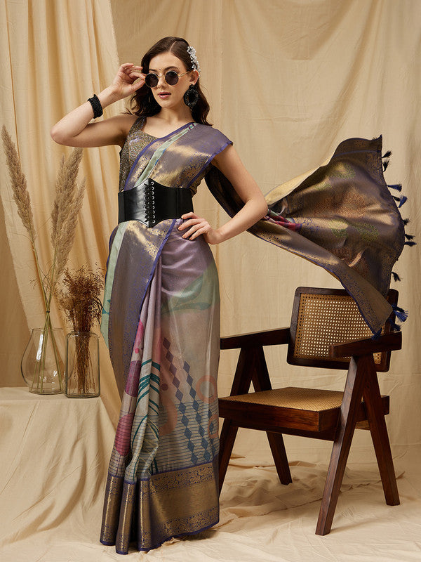 Multicolor Tusser Silk Digital Print Striped Saree with Unstitched Blouse - Hiral Fashion - Distacart