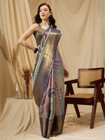 Thumbnail for Multicolor Tusser Silk Digital Print Striped Saree with Unstitched Blouse - Hiral Fashion - Distacart