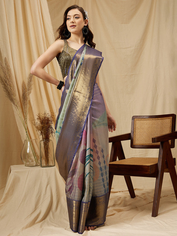 Multicolor Tusser Silk Digital Print Striped Saree with Unstitched Blouse - Hiral Fashion - Distacart