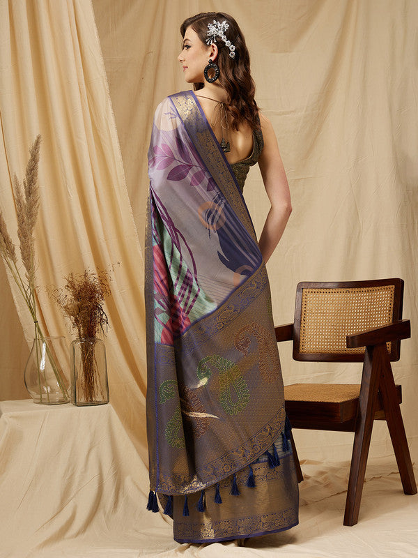 Multicolor Tusser Silk Digital Print Striped Saree with Unstitched Blouse - Hiral Fashion - Distacart