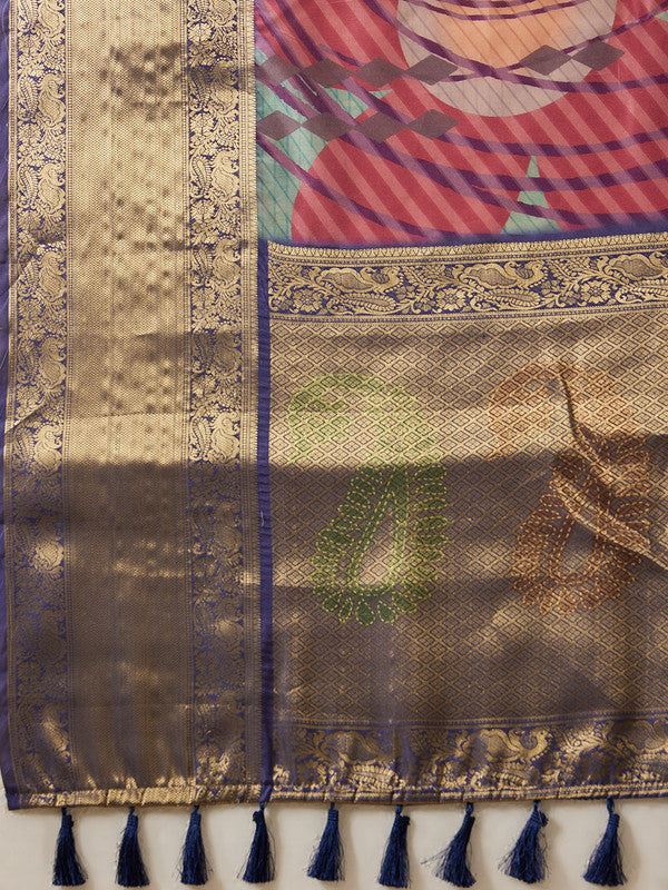 Multicolor Tusser Silk Digital Print Striped Saree with Unstitched Blouse - Hiral Fashion - Distacart