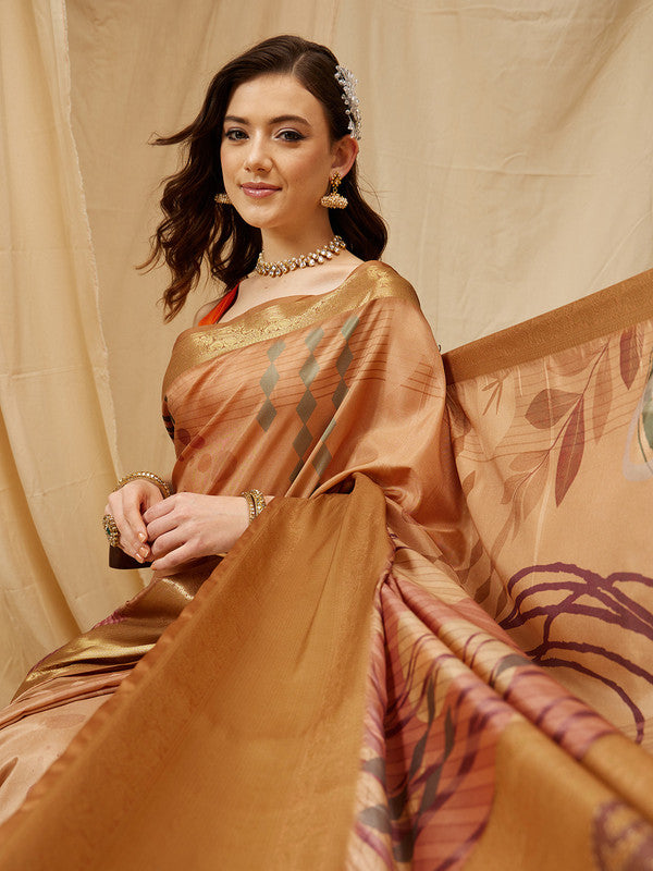 Multicolor Tusser Silk Digital Print Striped Saree with Unstitched Blouse - Hiral Fashion - Distacart