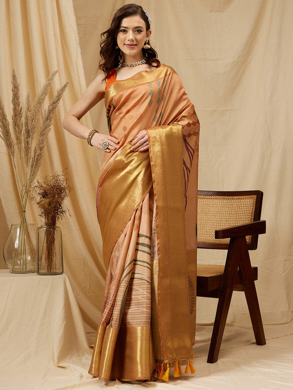 Multicolor Tusser Silk Digital Print Striped Saree with Unstitched Blouse - Hiral Fashion - Distacart