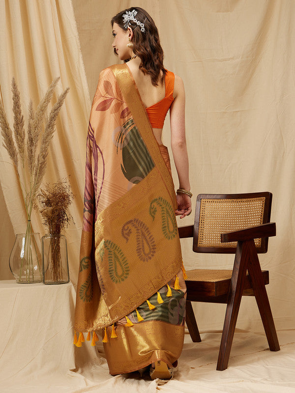 Multicolor Tusser Silk Digital Print Striped Saree with Unstitched Blouse - Hiral Fashion - Distacart