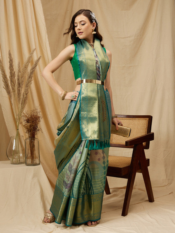 Multicolor Tusser Silk Digital Print Striped Saree with Unstitched Blouse - Hiral Fashion - Distacart