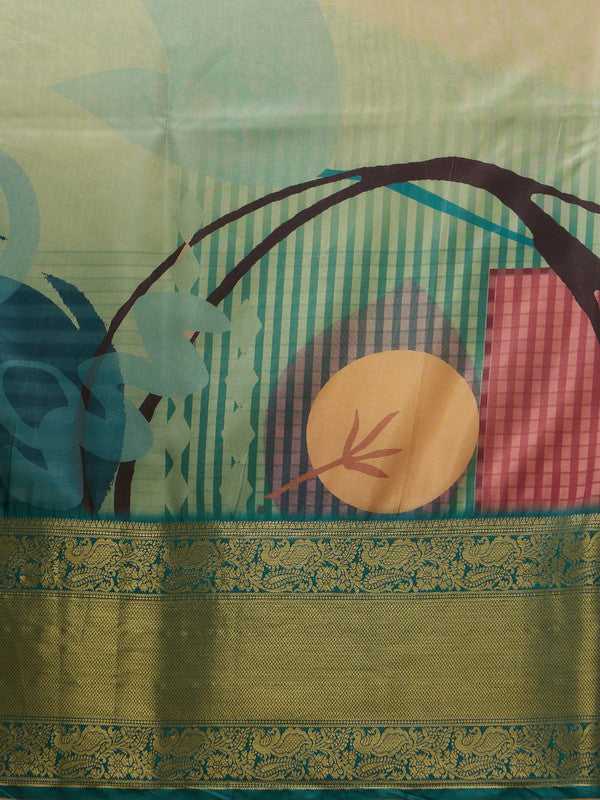 Multicolor Tusser Silk Digital Print Striped Saree with Unstitched Blouse - Hiral Fashion - Distacart