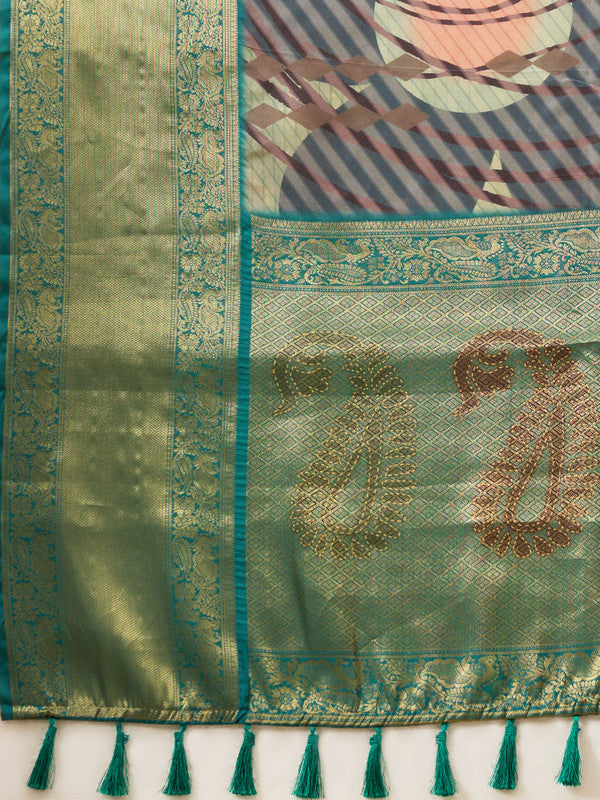 Multicolor Tusser Silk Digital Print Striped Saree with Unstitched Blouse - Hiral Fashion - Distacart