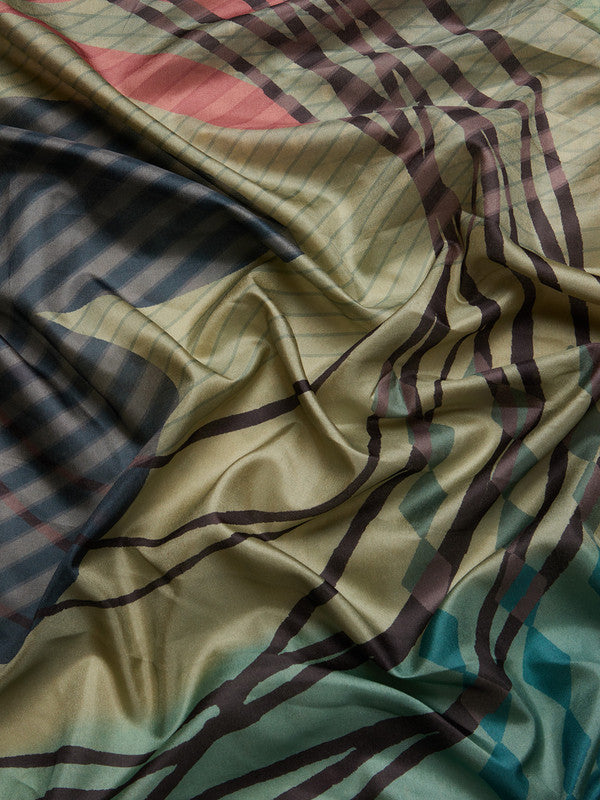 Multicolor Tusser Silk Digital Print Striped Saree with Unstitched Blouse - Hiral Fashion - Distacart