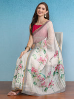Thumbnail for Beige Cotton Blend Digital Print Floral Saree with Unstitched Blouse - Hiral Fashion - Distacart