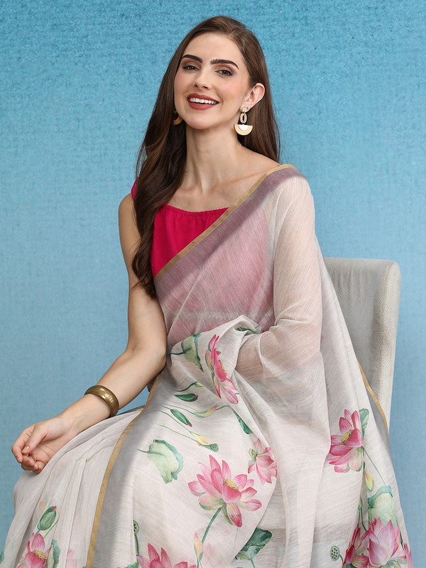 Beige Cotton Blend Digital Print Floral Saree with Unstitched Blouse - Hiral Fashion - Distacart