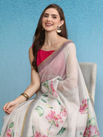 Thumbnail for Beige Cotton Blend Digital Print Floral Saree with Unstitched Blouse - Hiral Fashion - Distacart
