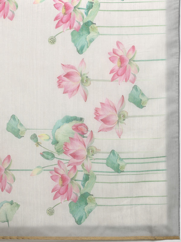 Beige Cotton Blend Digital Print Floral Saree with Unstitched Blouse - Hiral Fashion - Distacart