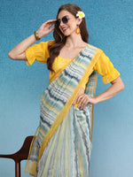Thumbnail for Mustard Cotton Blend Digital Print Striped Saree with Unstitched Blouse - Hiral Fashion - Distacart