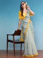 Thumbnail for Mustard Cotton Blend Digital Print Striped Saree with Unstitched Blouse - Hiral Fashion - Distacart