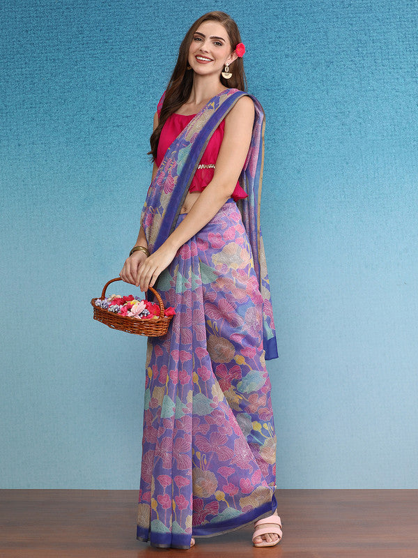 Multicolor Cotton Blend Digital Print Floral Saree with Unstitched Blouse - Hiral Fashion - Distacart