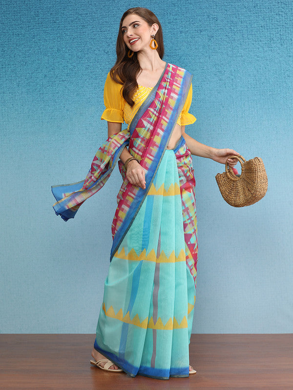 Multicolor Cotton Blend Digital Print Geomatric Saree with Unstitched Blouse - Hiral Fashion - Distacart