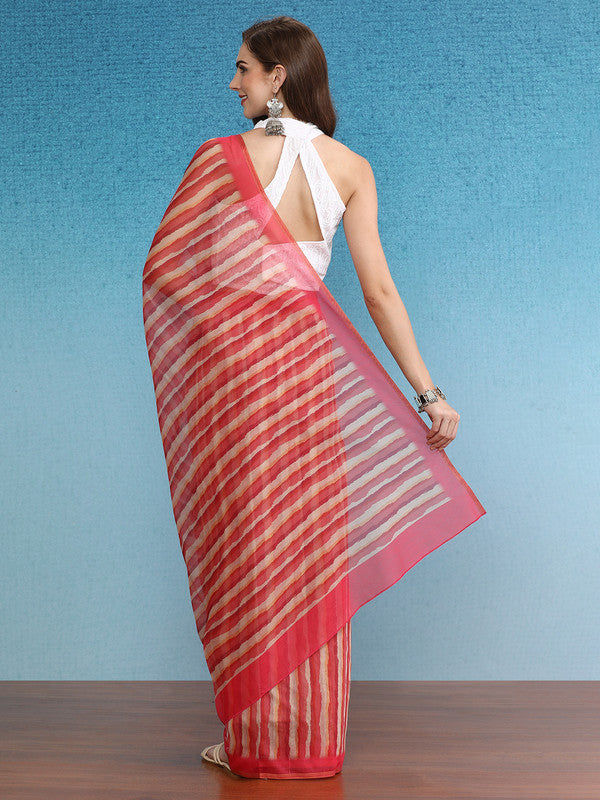 Red Cotton Blend Digital Print Striped Saree with Unstitched Blouse - Hiral Fashion - Distacart