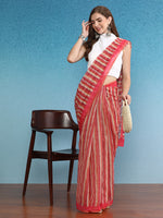 Thumbnail for Red Cotton Blend Digital Print Striped Saree with Unstitched Blouse - Hiral Fashion - Distacart