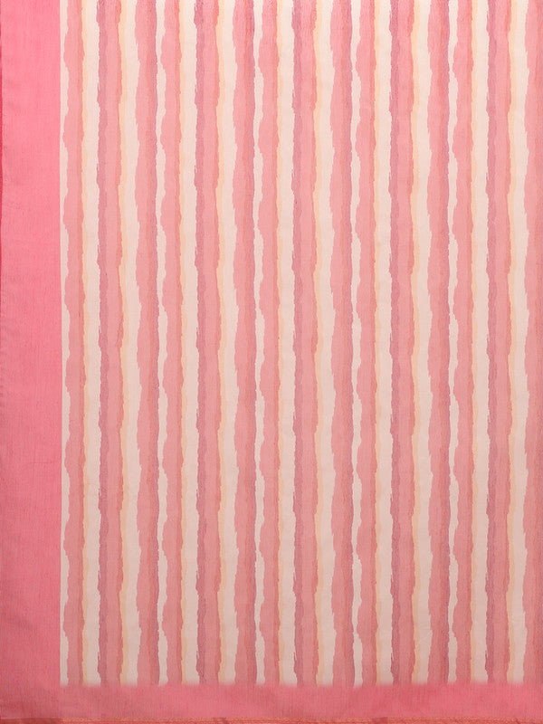 Red Cotton Blend Digital Print Striped Saree with Unstitched Blouse - Hiral Fashion - Distacart