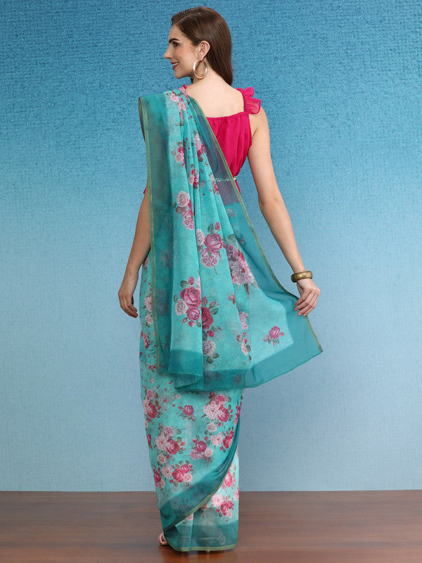 Turquoise Cotton Blend Digital Print Floral Saree with Unstitched Blouse - Hiral Fashion - Distacart