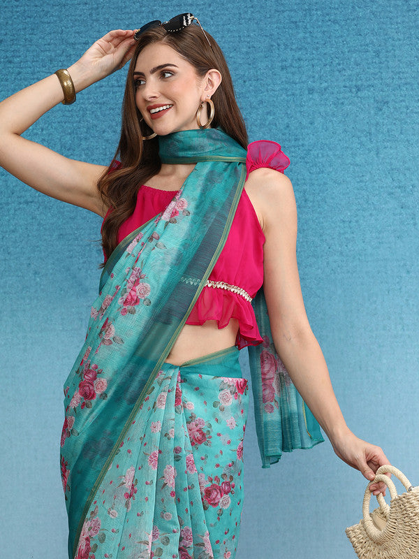 Turquoise Cotton Blend Digital Print Floral Saree with Unstitched Blouse - Hiral Fashion - Distacart