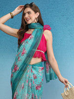 Thumbnail for Turquoise Cotton Blend Digital Print Floral Saree with Unstitched Blouse - Hiral Fashion - Distacart