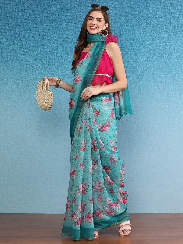 Turquoise Cotton Blend Digital Print Floral Saree with Unstitched Blouse - Hiral Fashion - Distacart