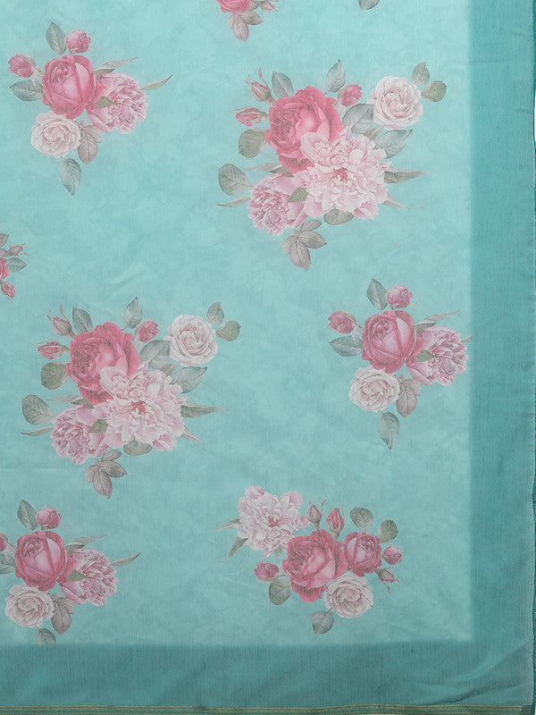 Turquoise Cotton Blend Digital Print Floral Saree with Unstitched Blouse - Hiral Fashion - Distacart
