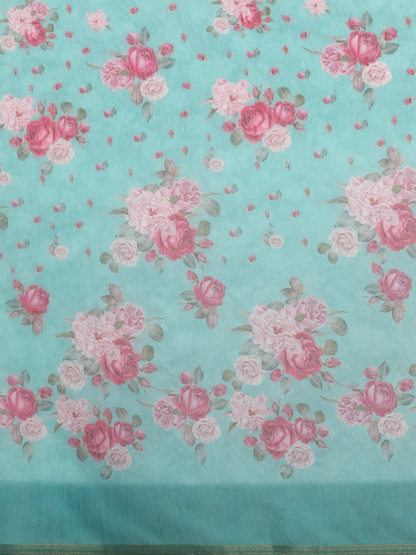 Turquoise Cotton Blend Digital Print Floral Saree with Unstitched Blouse - Hiral Fashion - Distacart