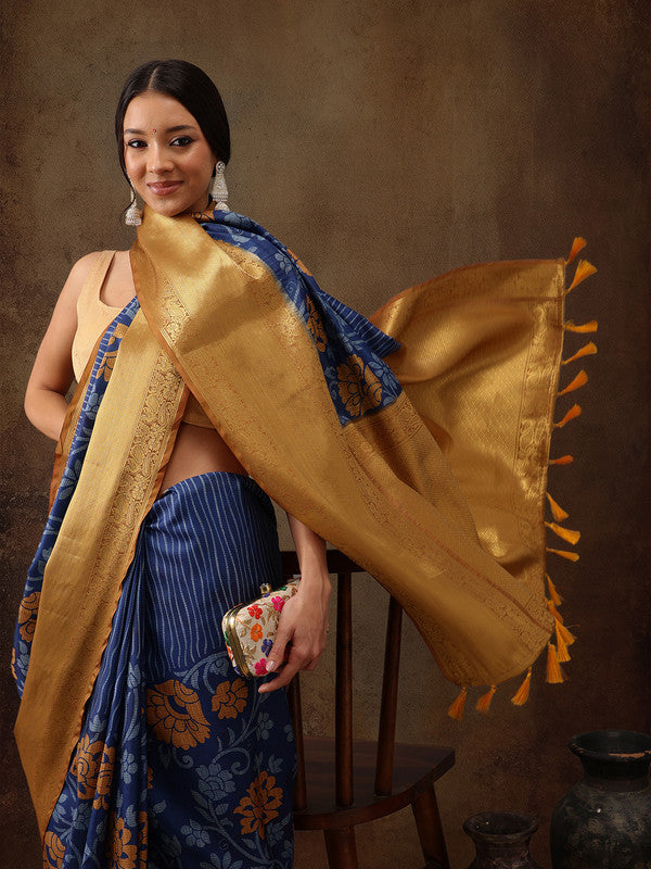 Blue Kanjeevaram Silk Digital Print Floral Saree with Unstitched Blouse - Hiral Fashion - Distacart