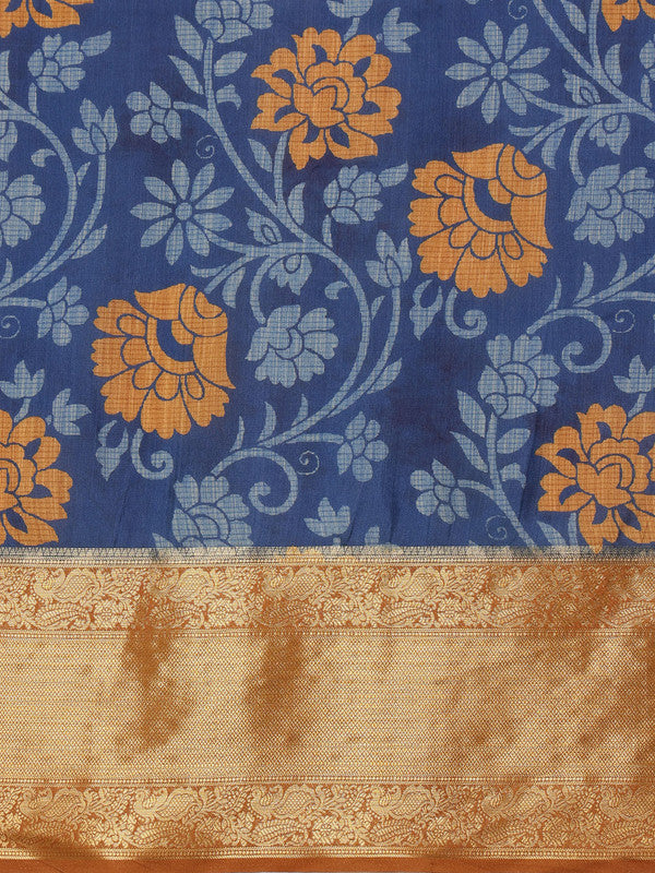 Blue Kanjeevaram Silk Digital Print Floral Saree with Unstitched Blouse - Hiral Fashion - Distacart