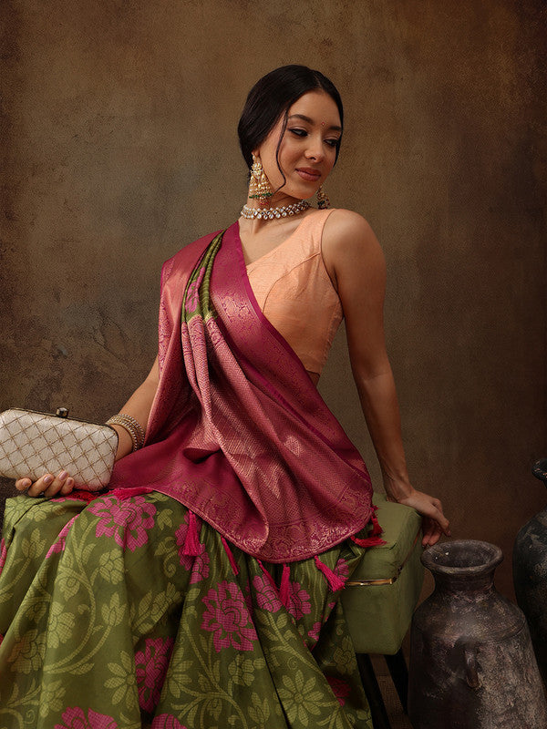 Olive Kanjeevaram Silk Digital Print Floral Saree with Unstitched Blouse - Hiral Fashion - Distacart