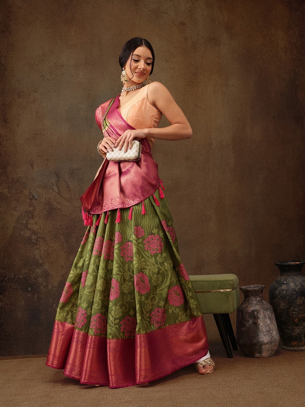 Olive Kanjeevaram Silk Digital Print Floral Saree with Unstitched Blouse - Hiral Fashion - Distacart