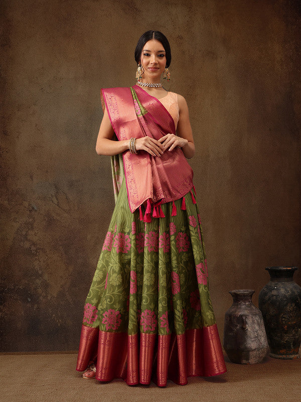 Olive Kanjeevaram Silk Digital Print Floral Saree with Unstitched Blouse - Hiral Fashion - Distacart